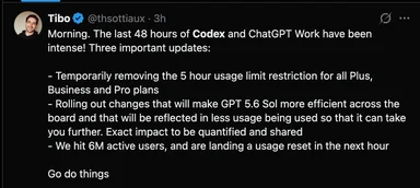 Tweet about Codex and ChatGPT Work updates