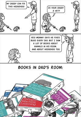 Comic strip of children discussing their father's profession with a pile of programming and animal books