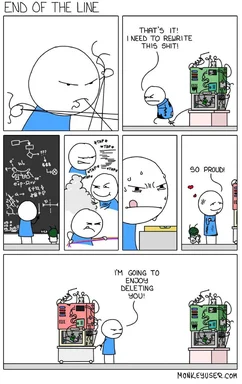 cartoon character rewriting code on a computer with a frustrated expression