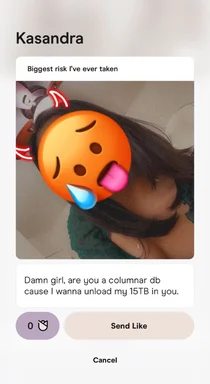 Tinder-style dating app screenshot with a photo of a woman and a cheeky pickup line about a columnar database