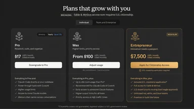 Mockup of Claude AI pricing page showing a new $7,500 Entrepreneur plan requiring U.S. citizenship