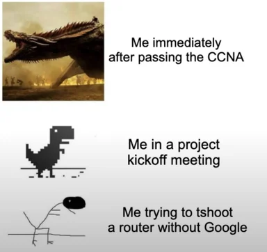 CCNA meme with dinosaur progression
