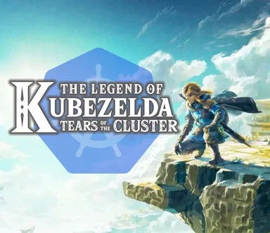 Link from The Legend of Zelda standing on a cliff with a Kubernetes logo