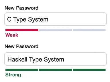 Password strength meter rating the C Type System as weak and the Haskell Type System as strong