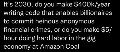 Text on black background: It's 2030, do you make $400k/year writing code that enables billionaires to commit heinous anonymous financial crimes, or do you make $5/hour doing hard labor in the gig economy at Amazon Coal