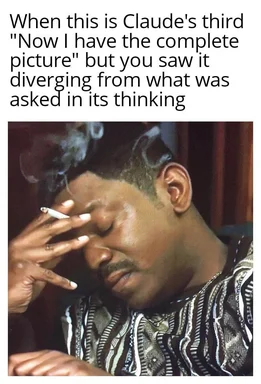 Exhausted man holding a cigarette to his forehead with eyes closed, captioned about Claude's third claim of having the