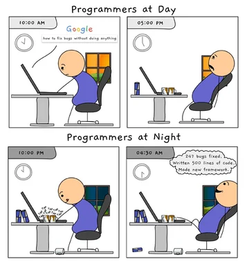 cartoon programmer sitting at desk during day and night