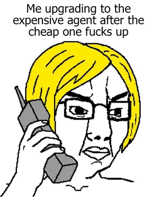 Low-res pixel-art drawing of a blonde woman with glasses holding a phone to her ear with a determined, angry expression,