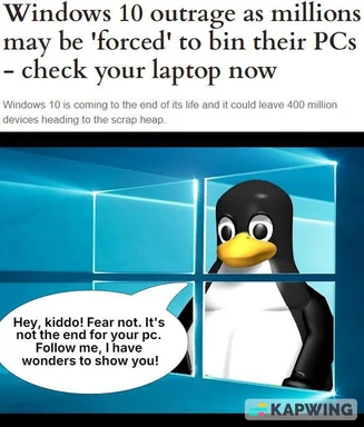 Tux the penguin reassures a Windows 10 user