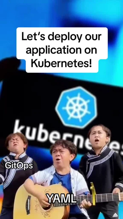Three men singing and playing guitar with Kubernetes and GitOps YML text overlay