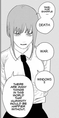 A manga-style girl in a white shirt and black tie with speech bubbles about things humanity would be better off without, including Windows 11.