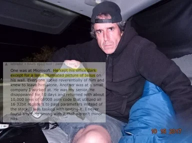 man in sleeping bag with text about programmer at Microsoft
