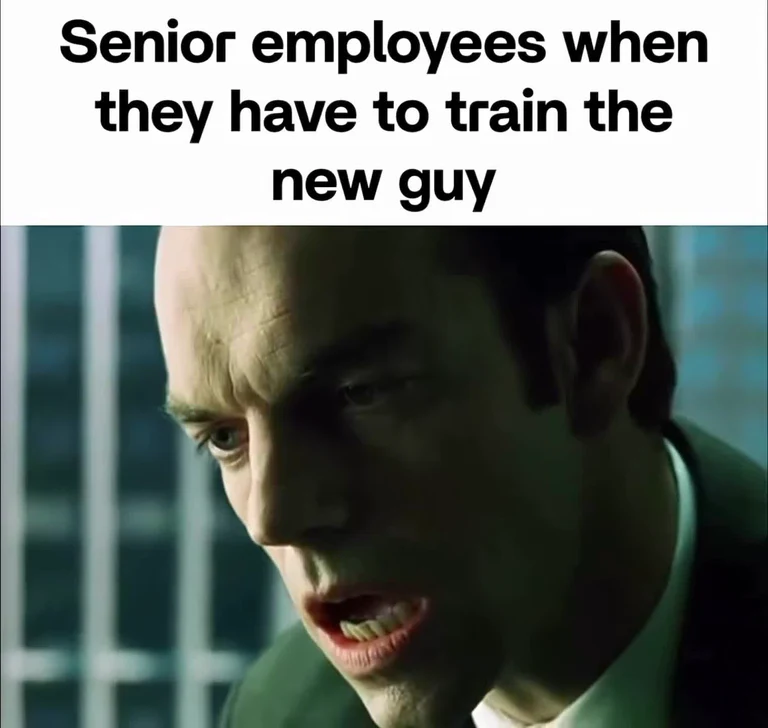 Close-up of a man looking stressed and angry with text 'Senior employees when they have to train the new guy'