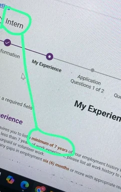 Intern application form with highlighted minimum 7 years experience requirement