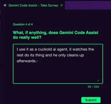 Gemini Code Assist survey question with humorous response about using AI as a cuckold agent