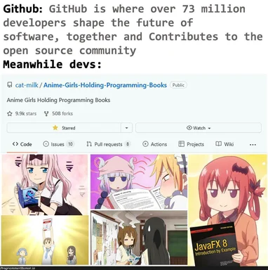 Github meme: developers on Github vs anime girls holding programming books