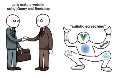 Two businessmen shake hands while a third person reacts dramatically to web development technologies