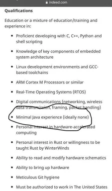 job listing with highlighted 'Minimal Java experience (ideally none)'