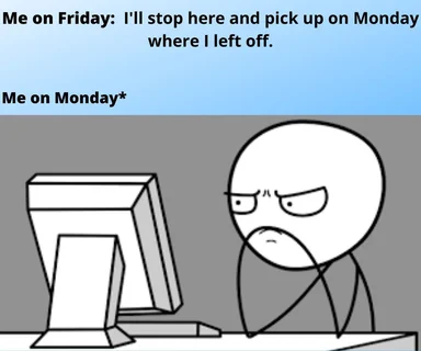 cartoon character confused at computer on monday morning