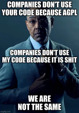 humorous image of a man in a suit with text about code usage