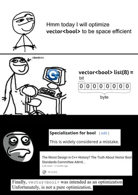A stick figure meme about optimizing vector bool, a C++ data structure.