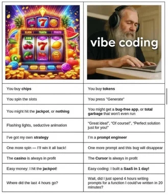 humorous comparison between casino slot machine and ai coding