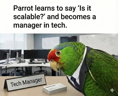 Parrot in a suit and tie sitting at a desk with a 'Tech Manager' nameplate