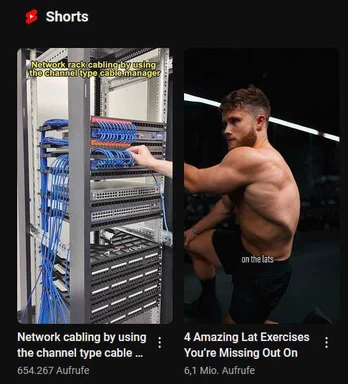Split screen comparing organized blue network cables in a server rack with a muscular man performing lat exercises.