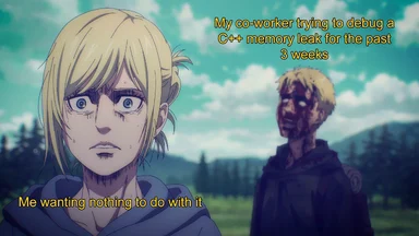 Anime-style meme of two characters, one looking concerned and the other appearing zombie-like, with text about avoiding a coworker's C++ memory leak issue.
