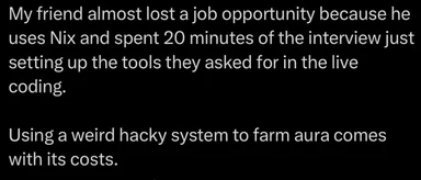 Text meme about a developer losing a job opportunity due to spending too much time setting up Nix during a live coding interview.