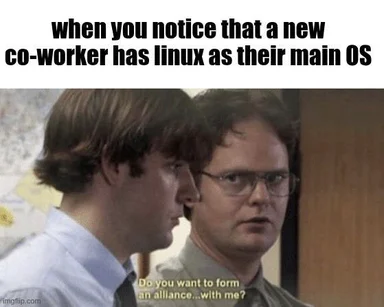 Two coworkers looking at each other with a serious expression, one with a white shirt and the other with glasses and a green shirt, with text about forming an alliance over Linux.