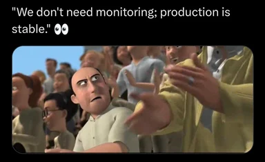 Cartoon character looking concerned with caption about production stability