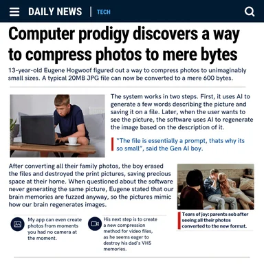 Fake tech news page headlined 'Computer prodigy discovers a way to compress photos to mere bytes' showing a boy at a laptop and sobbing parents