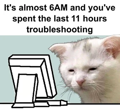 tired cat sitting in front of computer monitor with caption 'It's almost 6AM and you've spent the last 11 hours troubleshooting'