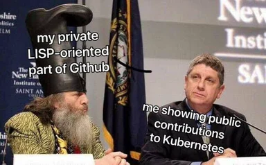 Two men sitting at a table with text overlay comparing private LISP-oriented GitHub contributions to public Kubernetes contributions