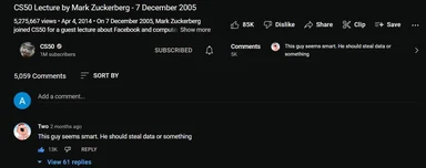 Mark Zuckerberg CS50 lecture screenshot with a comment about stealing data