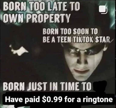 Meme of a person with text: Born too late to own property, born too soon to be a teen TikTok star, born just in time to have paid $0.99 for a ringtone