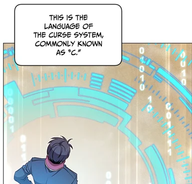 Cartoon man looking at computer screen with binary code and the text 'THIS IS THE LANGUAGE OF THE CURSE SYSTEM, COMMONLY KNOWN AS "C."'