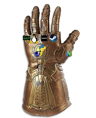 Infographic of Thanoss glove with logos of Mozilla, Tux, Matrix, Steam, Lua and NVidia on the fingers
