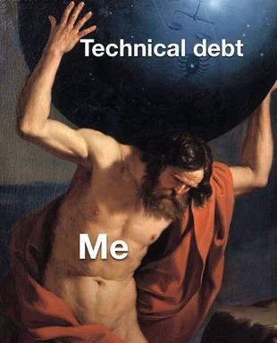 a man struggling to hold up a large ball labeled technical debt