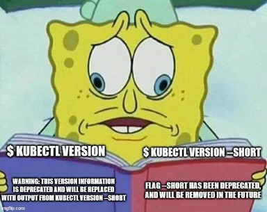 SpongeBob SquarePants confused reading book with kubectl version commands