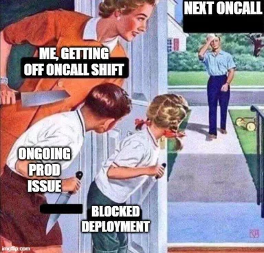Cartoon of a woman and two children peeking through a door at a man with his hand on his forehead, with text about on-call shifts and production issues