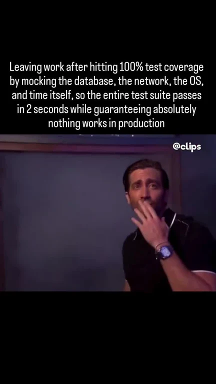 Michael Scott from The Office looking relieved and smug with text about hitting 100% test coverage by mocking everything.