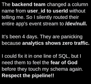 Text post describing a developer's revenge on the backend team for changing a database column name from user_id to userId without notice.