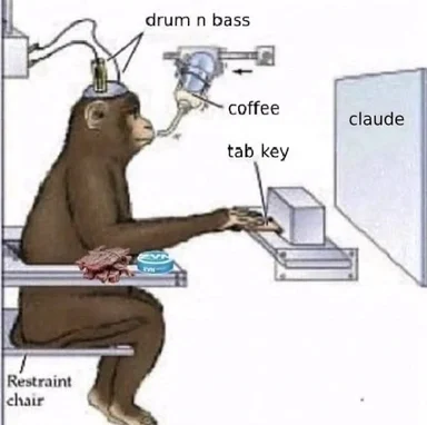 Diagram of a monkey in a restraint chair with a drum n bass machine on its head, drinking coffee, and pressing a large tab key labeled 'claude' on the screen.