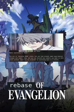 Anime character Kaworu Nagisa with a terminal window showing Git detached HEAD message, titled 'Rebase of Evangelion'