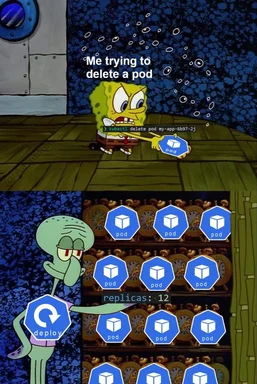 SpongeBob and Squidward meme about trying to delete a Kubernetes pod