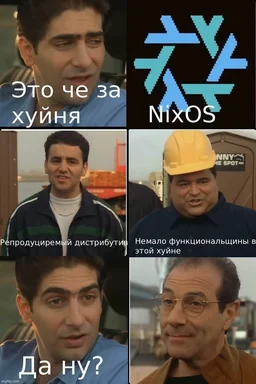 Meme with NixOS logo and characters from Pulp Fiction asking 'What the hell is this?' and 'What?'