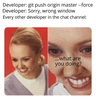 meme of two girls reacting to a developer force pushing to master in the wrong window