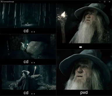 Gandalf navigating a dark cave with a torch, changing directory with cd and pwd commands